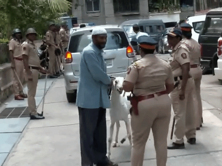 घाटकोपर वेस्ट में सागर पार्क हाउसिंग सोसाइटी से एक व्यक्ति कुर्बानी का बकरा बाहर लाया।  BMC ने हाउसिंग कॉम्प्लेक्स के अंदर बकरे की कुर्बानी की इजाजत नहीं दी थी। - Dainik Bhaskar