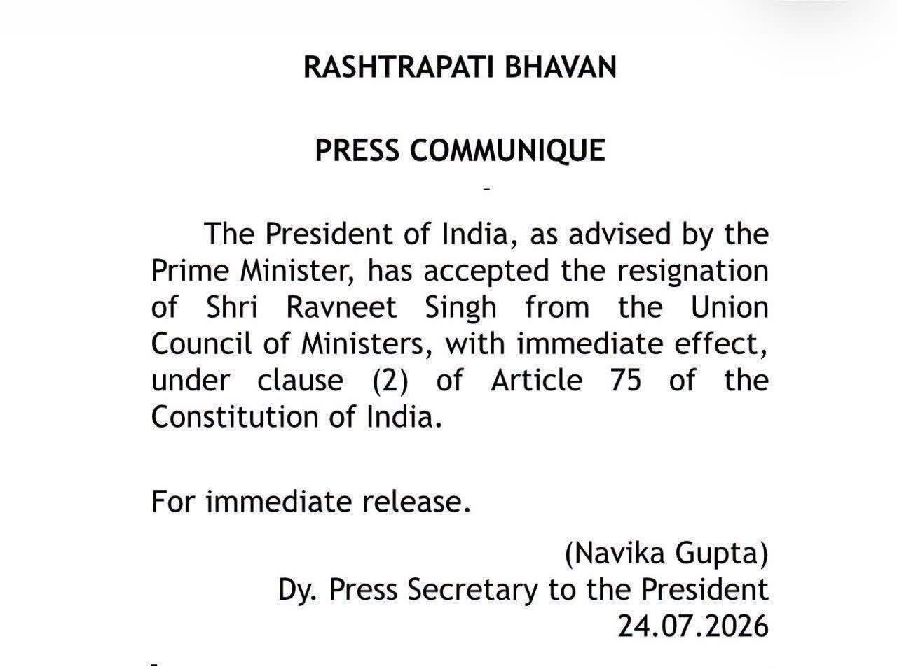 Ravneet Bittu Resigns As Union Minister