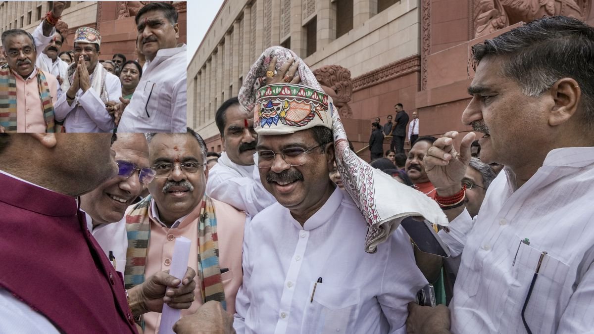 धर्मेंद्र प्रधान इस्तीफा देने के बाद पहली बार संसद पहुंचे, NDA के सांसदों ने किया जोरदार स्वागत, पहनाया पाग