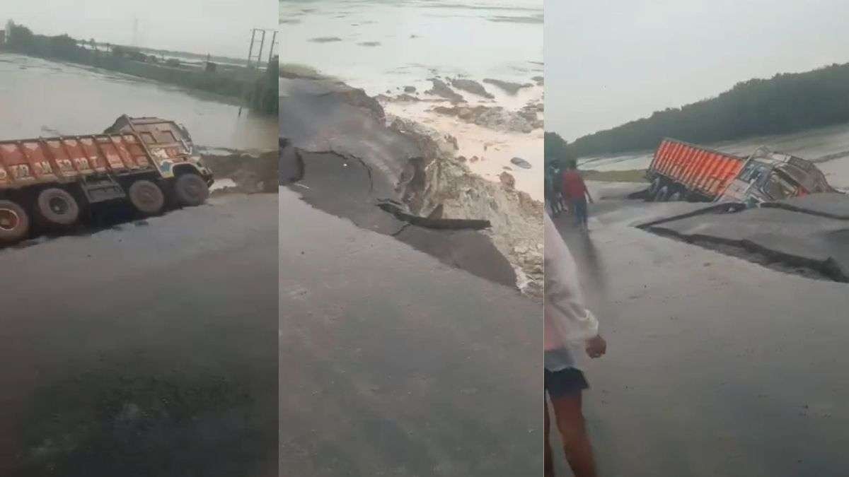 बारिश के बीच अचानक धंस गया नेशनल हाईवे का बड़ा हिस्सा, तीन ट्रक खाई में समा गए; VIDEO देखें