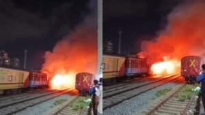 रात के अंधेरे में KSR स्टेशन पर खड़ी ट्रेन की बोगी बनी आग का गोला, धू-धूकर जलती रही; VIDEO आया सामने | ACTPnews