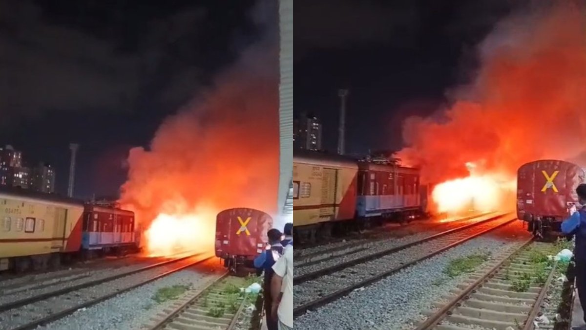 रात के अंधेरे में KSR स्टेशन पर खड़ी ट्रेन की बोगी बनी आग का गोला, धू-धूकर जलती रही; VIDEO आया सामने