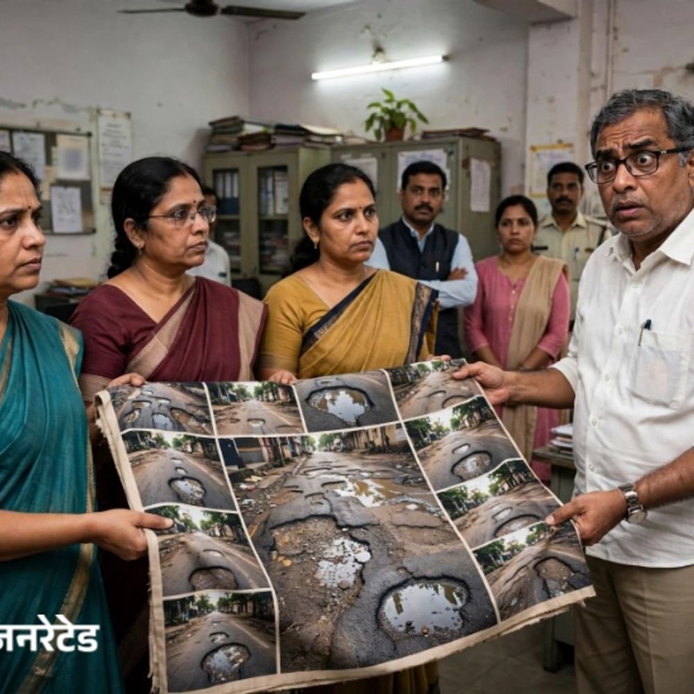 कल्याण में सब-इंजीनियर को पहनाया गड्ढों वाली तस्वीरों का शॉल:शिवसेना UBT की महिला पार्षद बोलीं- सड़कें ठीक करवा दो, असली शॉल देंगे
